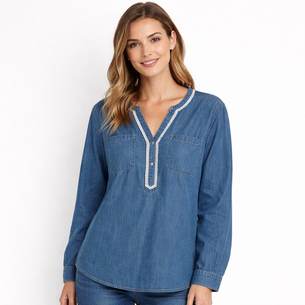 Country Store Women's M Cotton Chambray Tunic Peasant Top Crochet Lace Edging